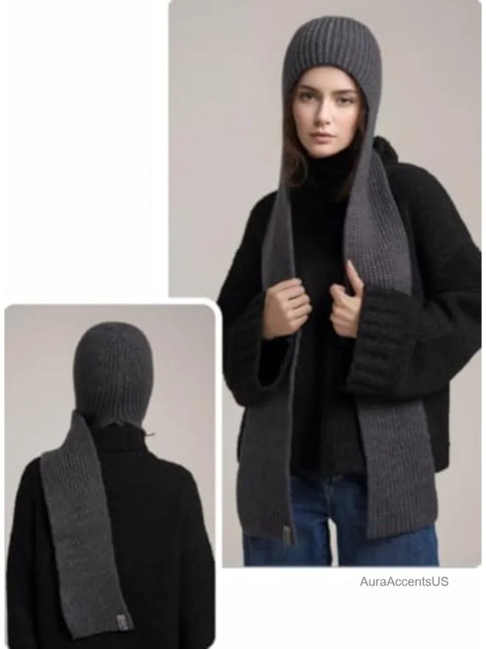 Fuzzy Knit Balaclava 2 in 1 Hooded Scarf Winter Beanie Hat for Women